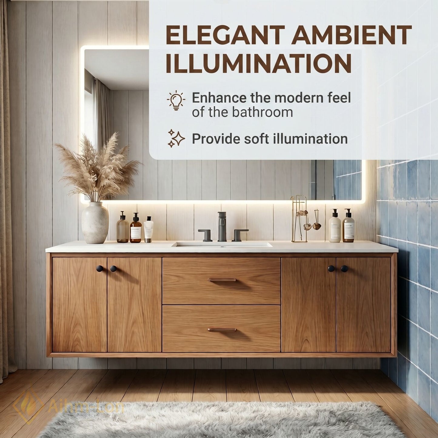 40''-64'' Modern Bathroom Vanity with Sink Floating Wood Grain Large Frame Mirror