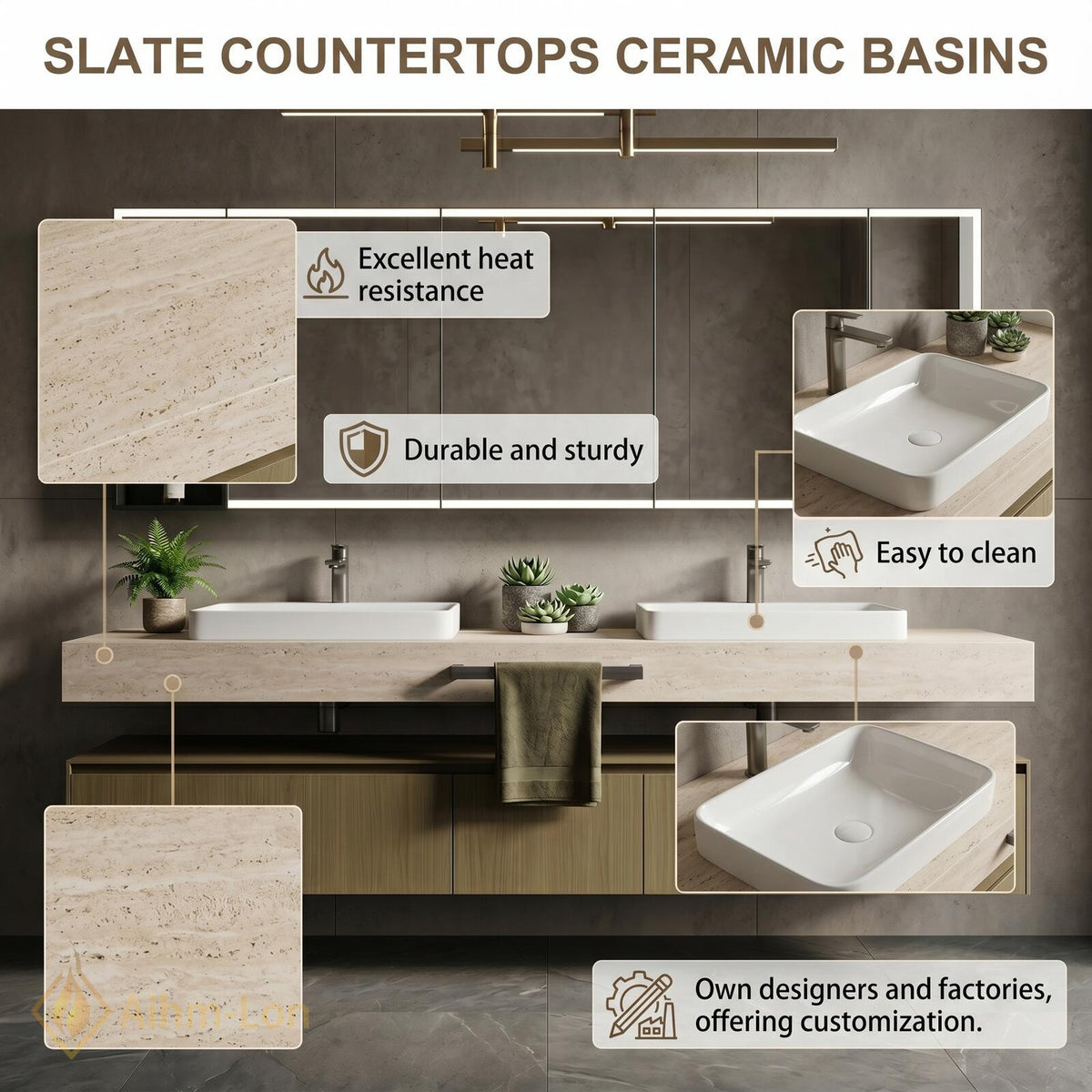 60''-96'' Double Bathroom Vanity with Sink Stone Top Wood Base Open Shelving