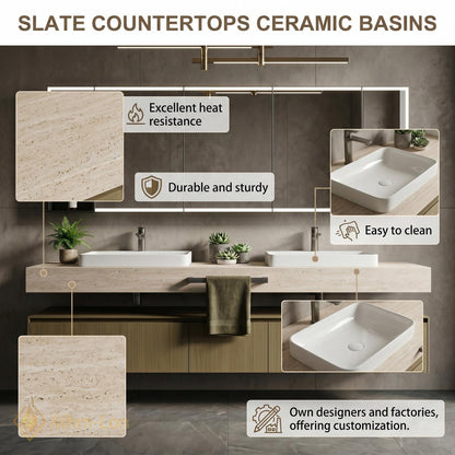 60''-96'' Double Bathroom Vanity with Sink Stone Top Wood Base Open Shelving