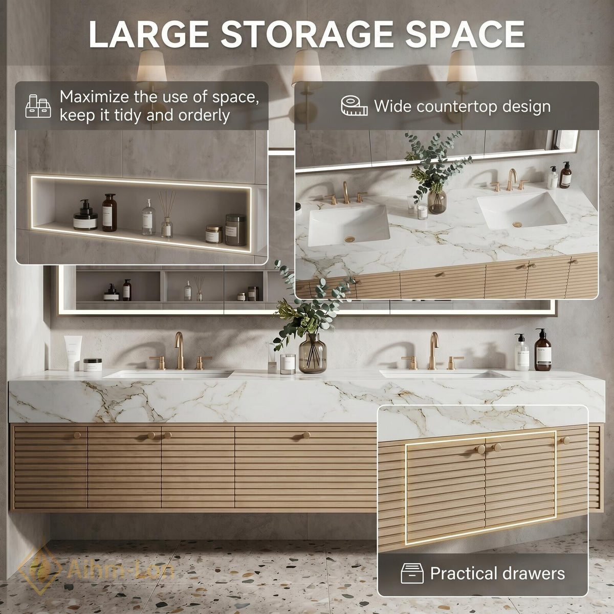 60''-96'' Double Bathroom Vanity with Sink Modern Floating Light Wood Veneer Slatted