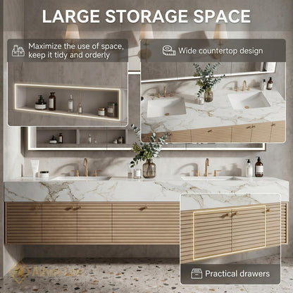 60''-96'' Double Bathroom Vanity with Sink Modern Floating Light Wood Veneer Slatted