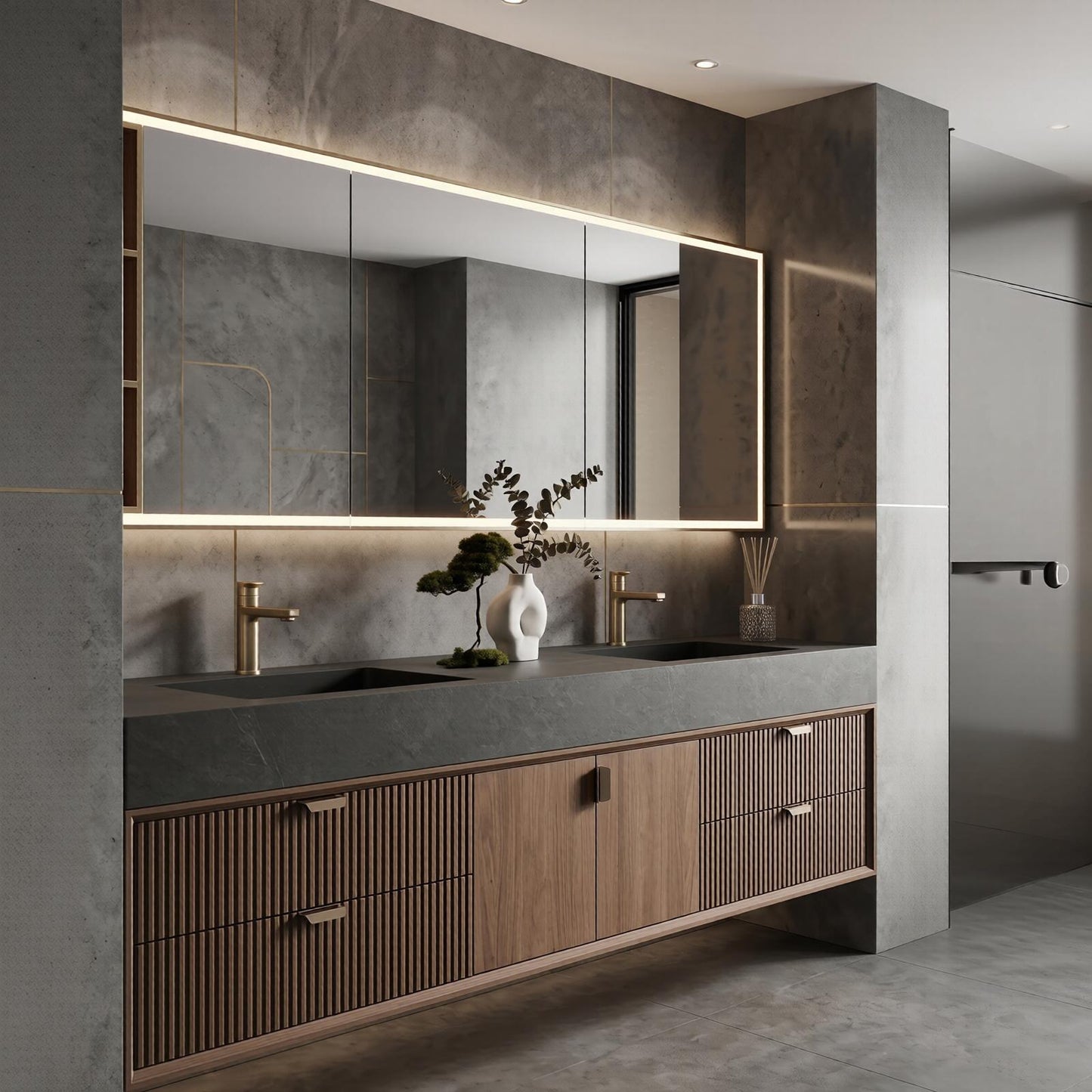 60''-96'' Modern Bathroom Vanity with Sink Dual Basins Warm Walnut Grain Storage Cabinet
