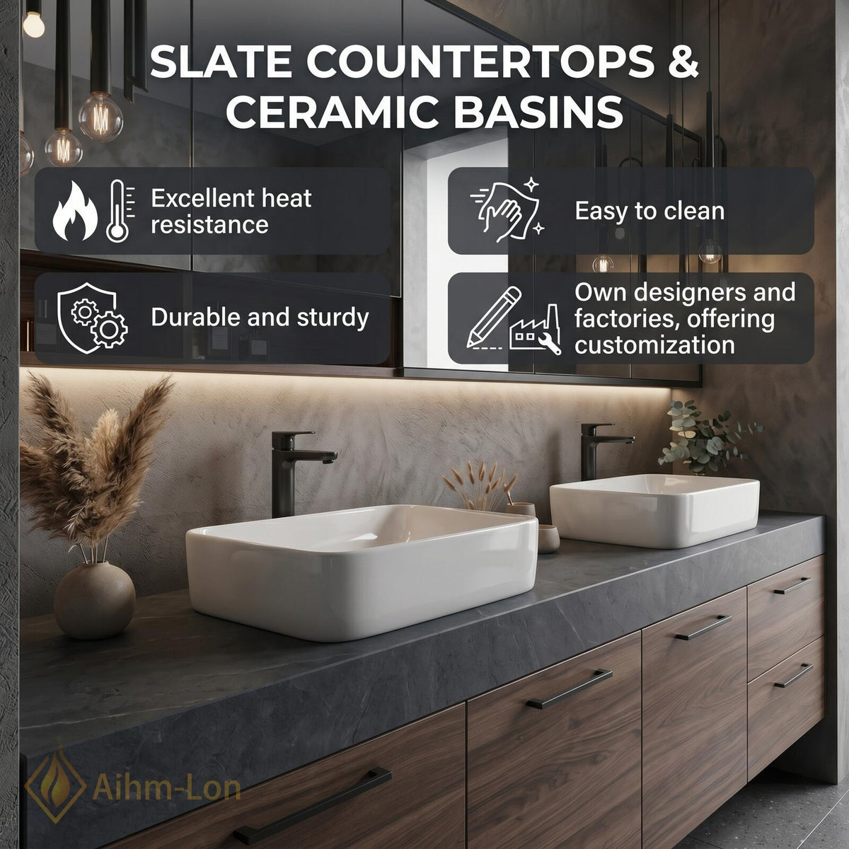 60''-96'' Double Bathroom Vanity with Sink Floating Dark Stone Top Warm Wood