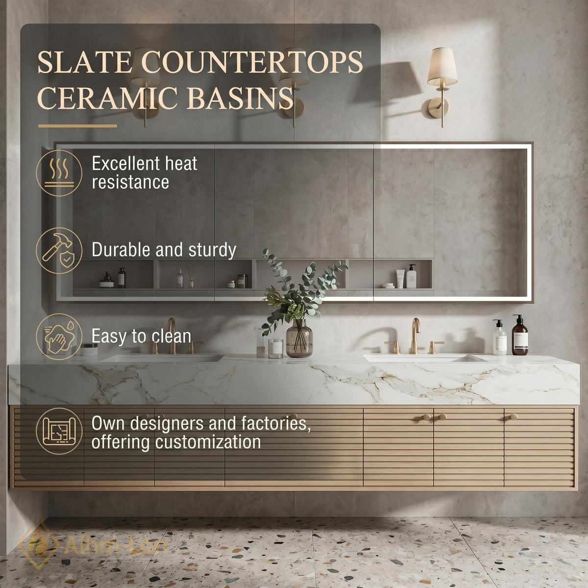 60''-96'' Double Bathroom Vanity with Sink Modern Floating Light Wood Veneer Slatted