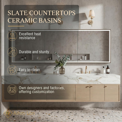 60''-96'' Double Bathroom Vanity with Sink Modern Floating Light Wood Veneer Slatted