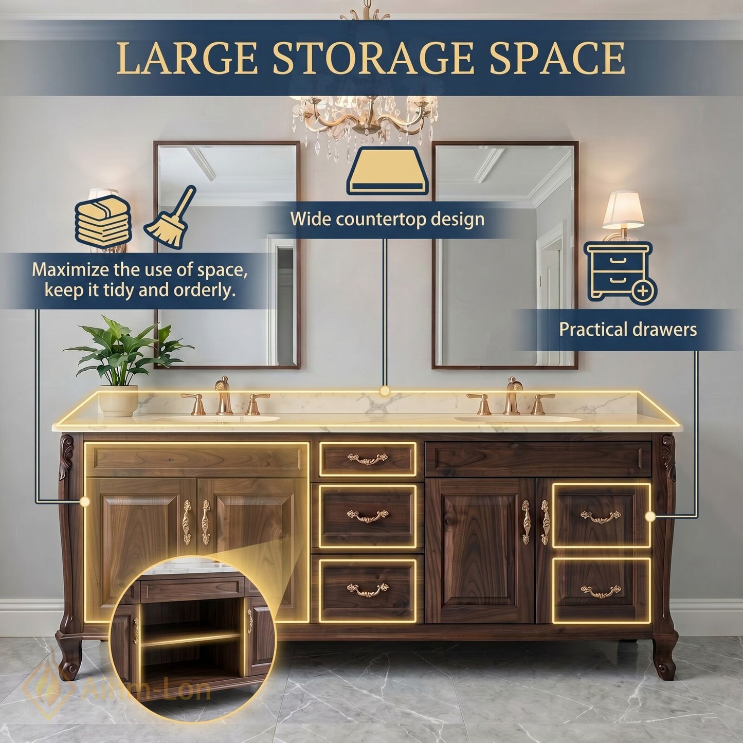 60''-96'' Classic Bathroom Vanity with Sink Dark Wood Carved Marble Brass Drawers