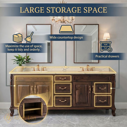 60''-96'' Classic Bathroom Vanity with Sink Dark Wood Carved Marble Brass Drawers