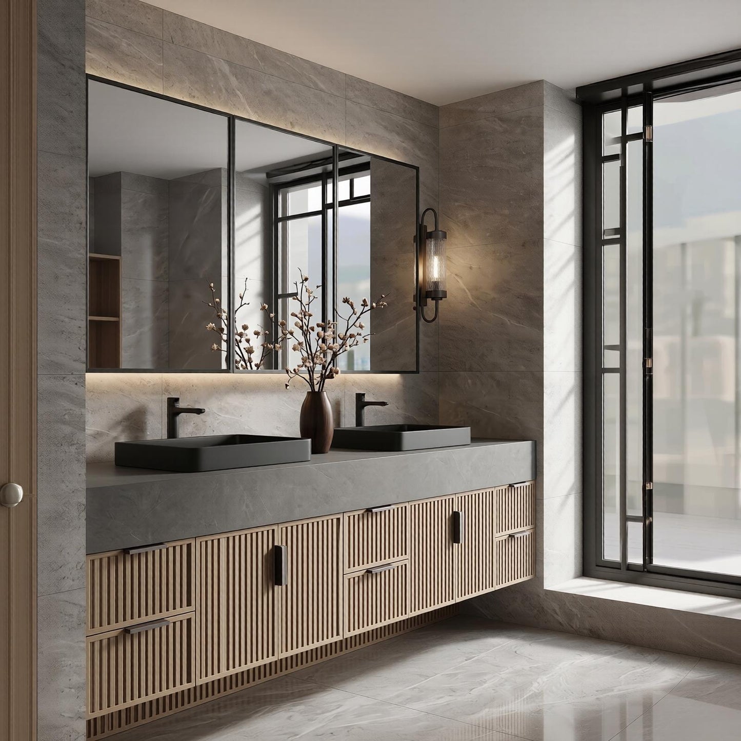 70''-96'' Modern Bathroom Vanity with Sink Double Sink Slatted Doors Gray Stone Cabinet