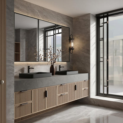 70''-96'' Modern Bathroom Vanity with Sink Double Sink Slatted Doors Gray Stone Cabinet