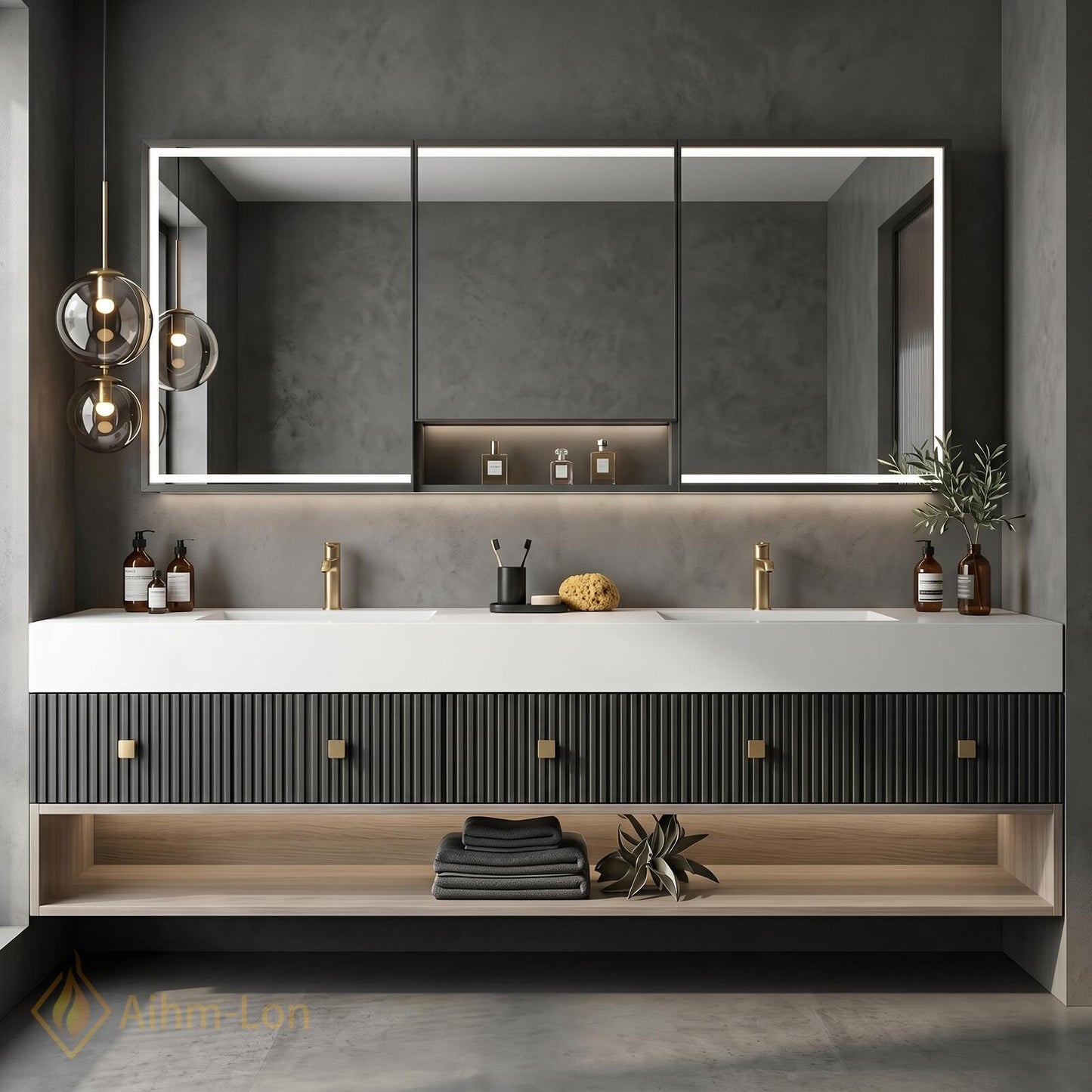 70''-96'' Double Bathroom Vanity with Sink Modern Floating Ribbed Dark Grey Panel