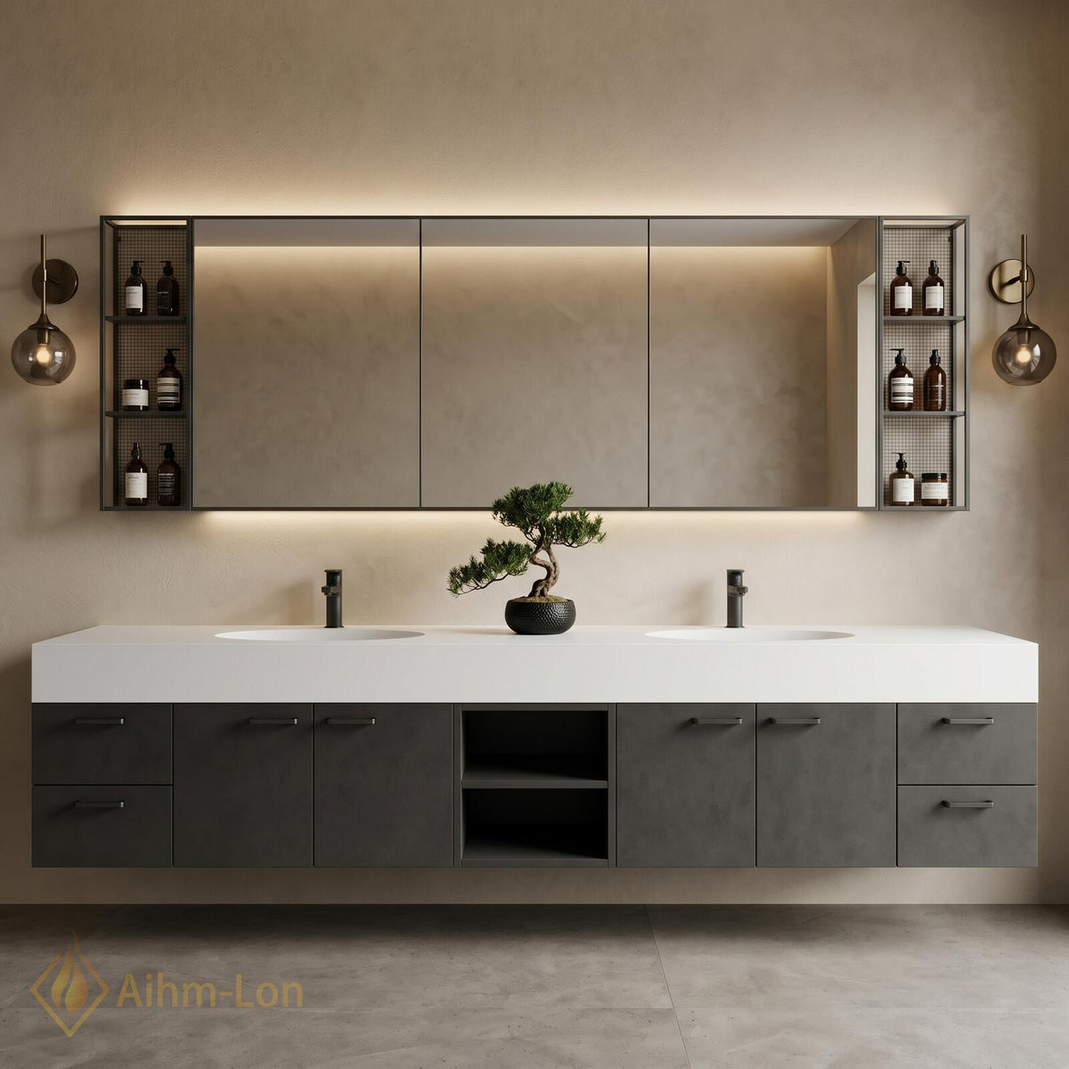 60''-96'' Double Bathroom Vanity with Sink Modern Floating Grey Stone Finish Open