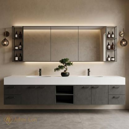 60''-96'' Double Bathroom Vanity with Sink Modern Floating Grey Stone Finish Open