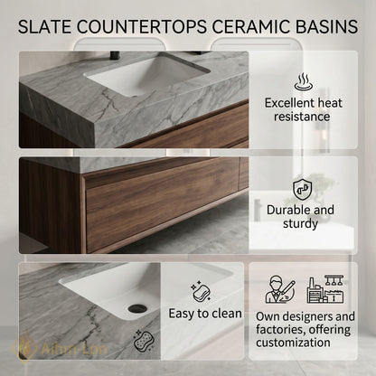 60''-96'' Double Bathroom Vanity with Sink Dark Walnut Slatted Panel Drawers