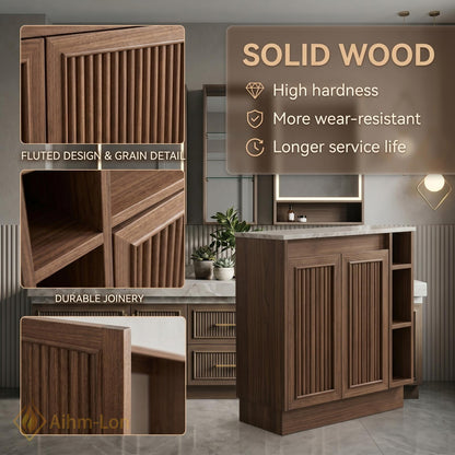 60''-96'' Double Bathroom Vanity with Sink Elegant Dark Walnut Finish Slatted Doors
