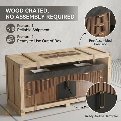 60''-96'' Double Bathroom Vanity with Sink Dark Stone Slatted Wood Panels Shelving