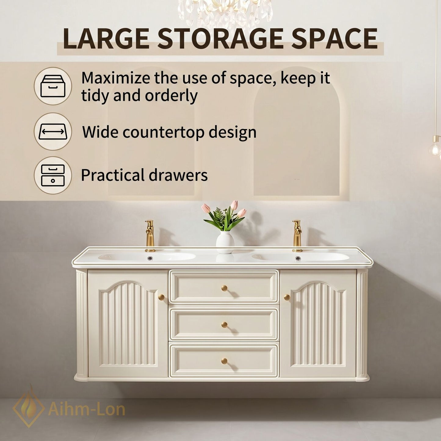 60''-96'' Modern Bathroom Vanity with Sink Floating Cream Arch-Topped Mirrors Drawers Storage