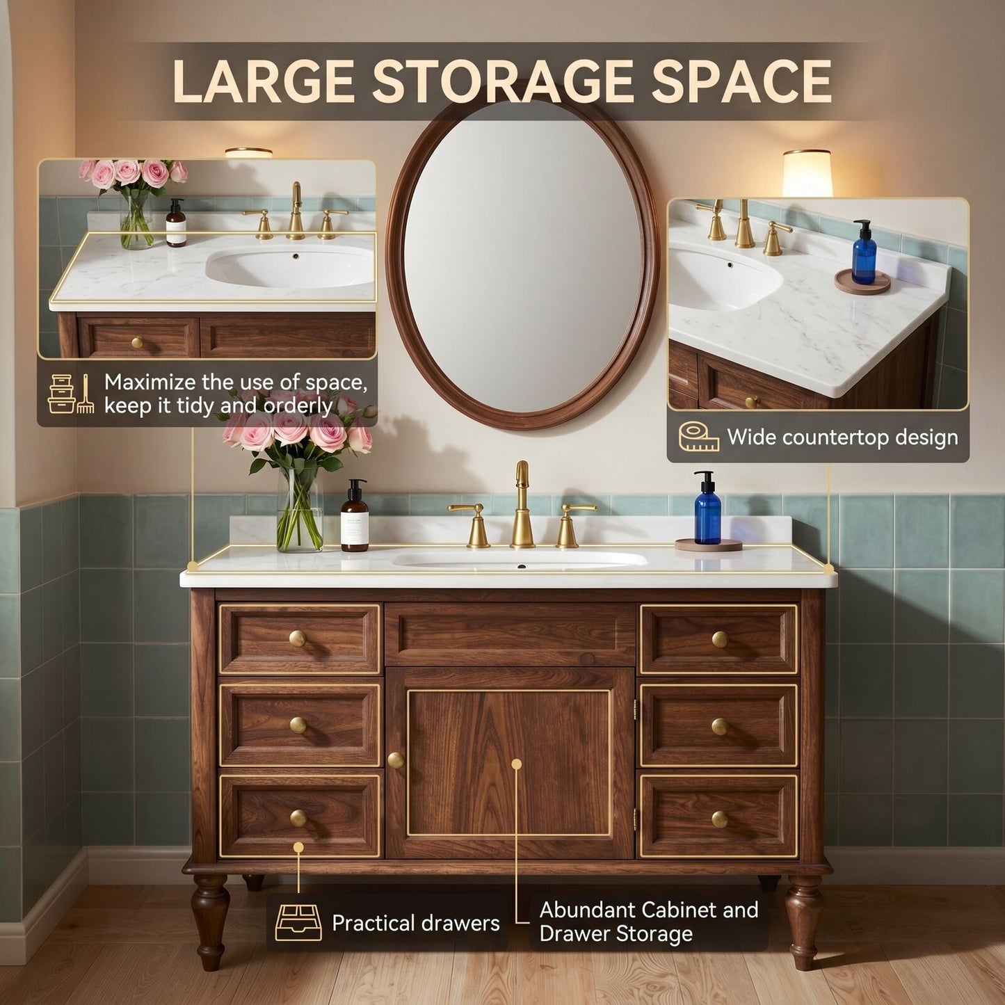 50''-64'' Classic Bathroom Vanity with Sink Single Chestnut White Marble Spacious Drawers Cabinet