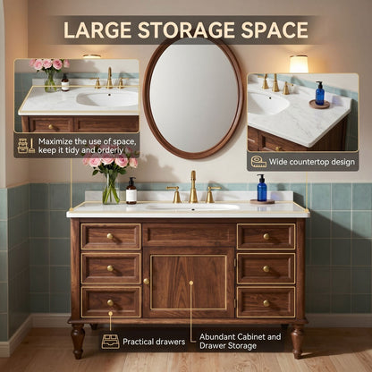 50''-64'' Classic Bathroom Vanity with Sink Single Chestnut White Marble Spacious Drawers Cabinet