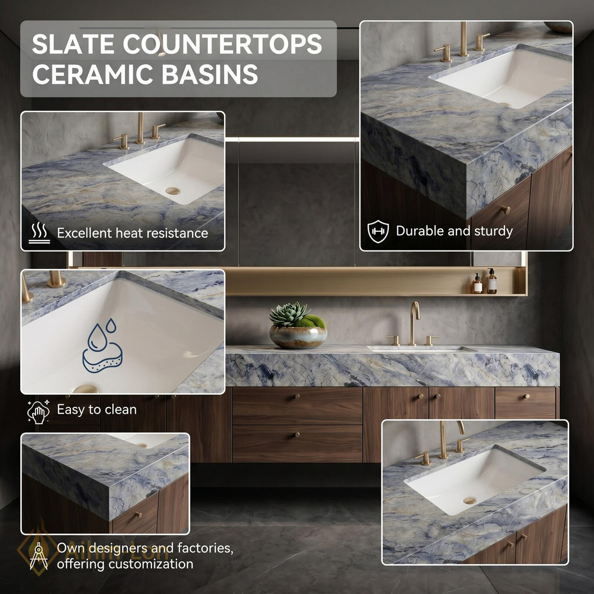 60''-96'' Double Bathroom Vanity with Sink Marble Effect Open Drawer Storage