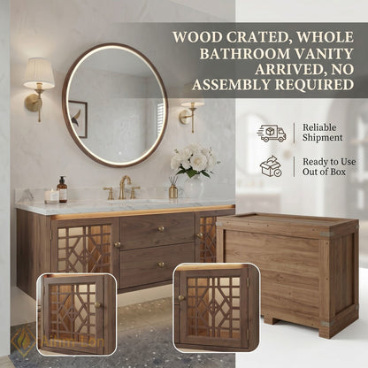 48''-64'' Modern Bathroom Vanity with Sink Floating Lattice Glass Wood Grain Drawers