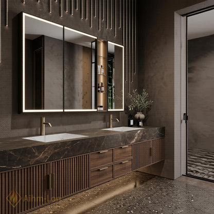 60''-96'' Double Bathroom Vanity with Sink Floating Dark Marble Slatted Center Panel