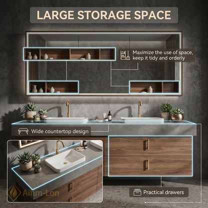60''-96'' Modern Bathroom Vanity with Sink Warm Wood Grain Spacious Open Drawers