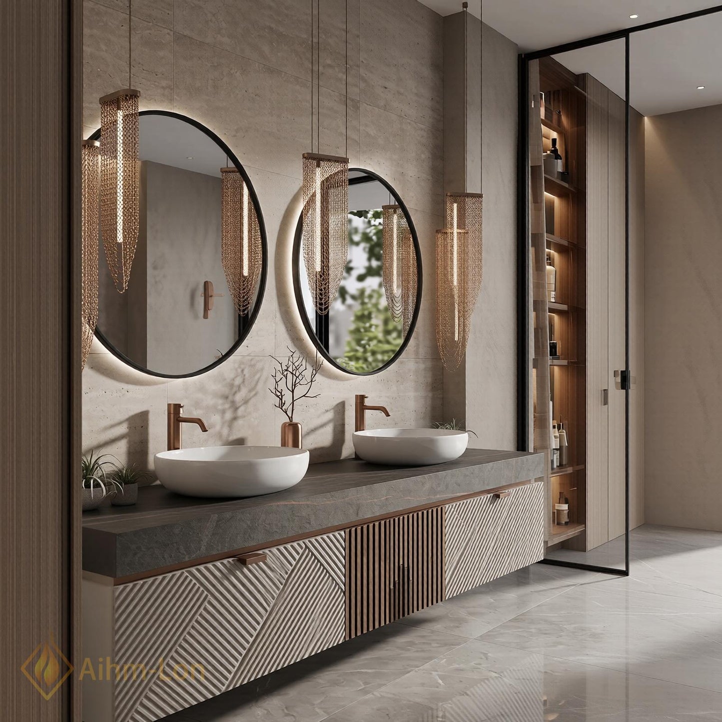 60''-96'' Double Bathroom Vanity with Sink Modern Floating Panel Slatted Open Shelving