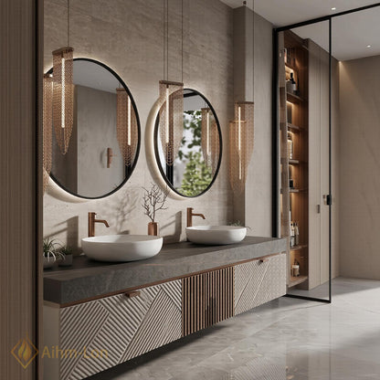 60''-96'' Double Bathroom Vanity with Sink Modern Floating Panel Slatted Open Shelving