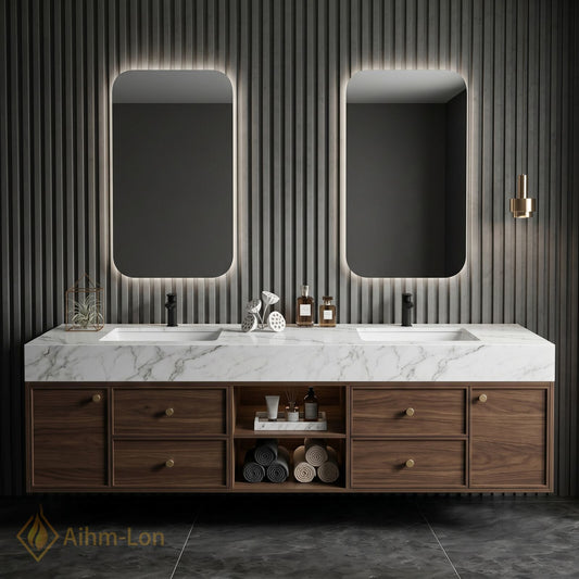74''-96'' Double Bathroom Vanity with Sink Floating Storage Drawers Open Shelf Dual