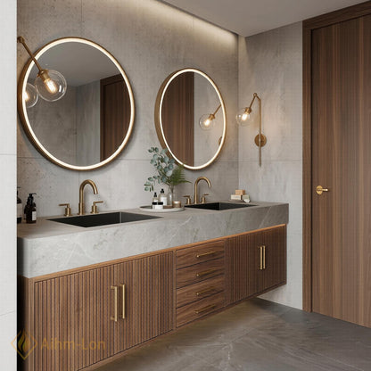 60''-96'' Double Bathroom Vanity with Sink Dark-Walnut Modern Floating Center Shelving