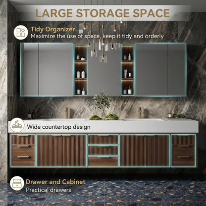 60''-96'' Double Bathroom Vanity with Sink Modern Floating Dark Walnut Vertical Slats