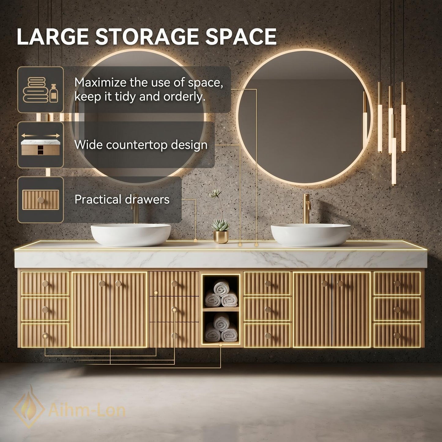 78''-96'' Double Bathroom Vanity with Sink Light-Wood Modern Floating Grain Slatted