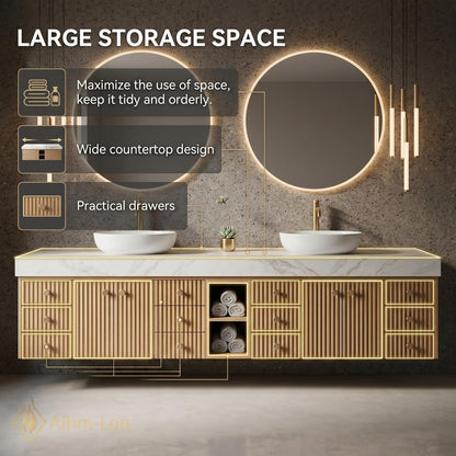 78''-96'' Double Bathroom Vanity with Sink Light-Wood Modern Floating Grain Slatted