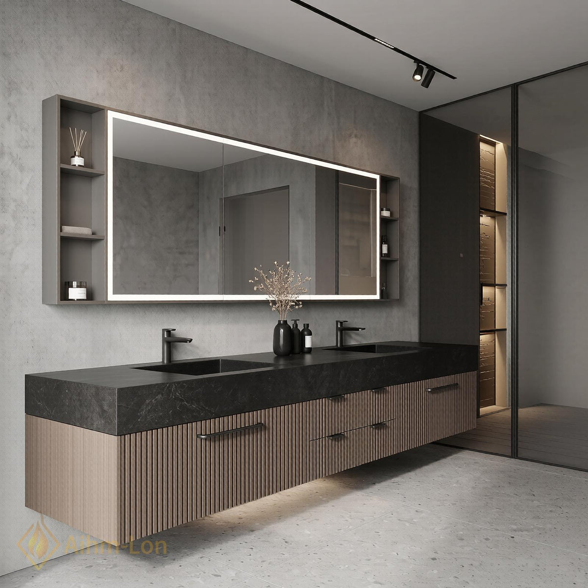 72''-96'' Double Bathroom Vanity with Sink Floating Double Slatted Doors Slatted Door