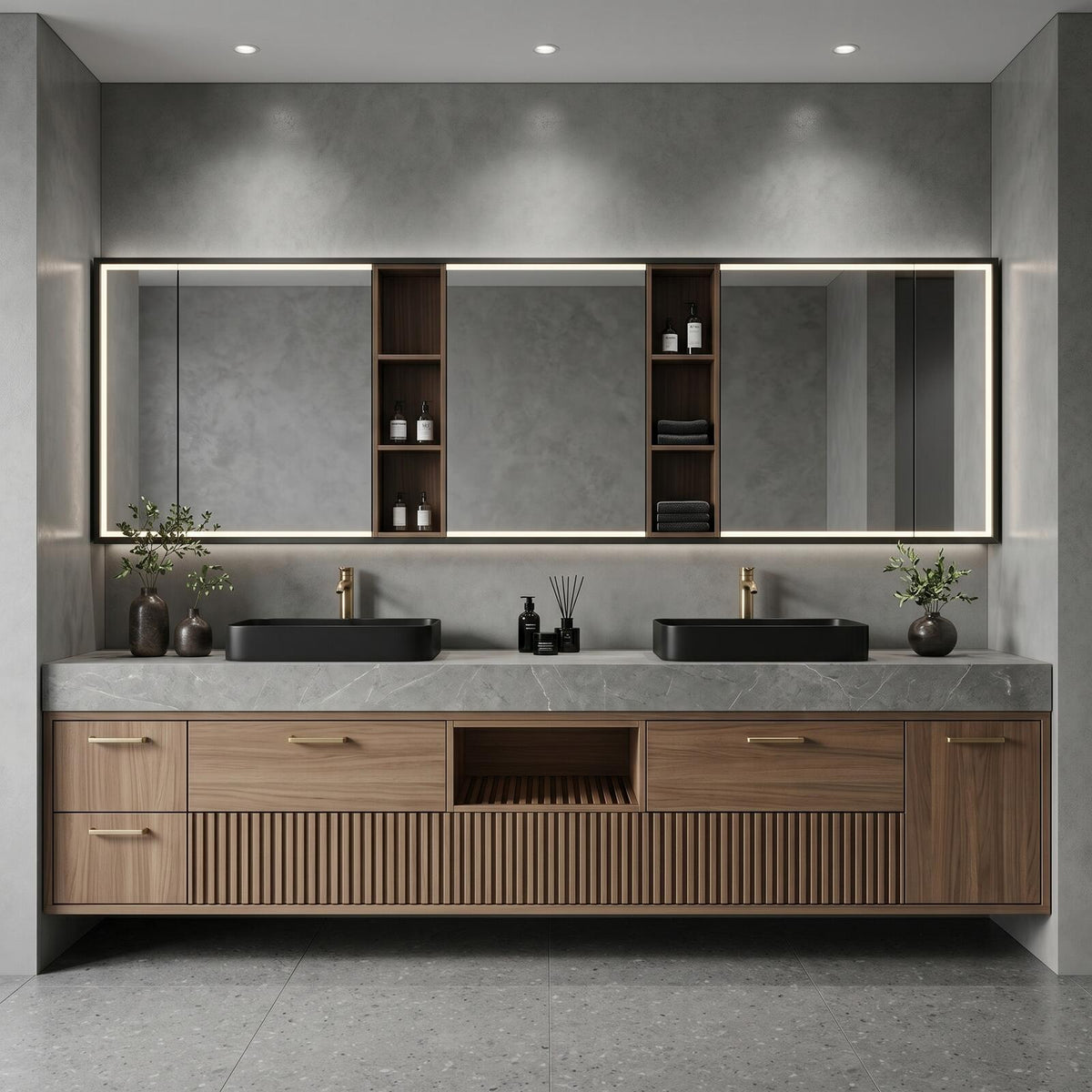 60''-96'' Double Bathroom Vanity with Sink Modern Floating Warm Wood Slatted Center Panel