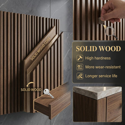 60''-96'' Double Bathroom Vanity with Sink Marble-Effect Top Dark Walnut Slatted Front