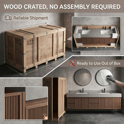 60''-96'' Modern Bathroom Vanity with Sink Double Sink Grey Marble Slatted Doors Cabinet