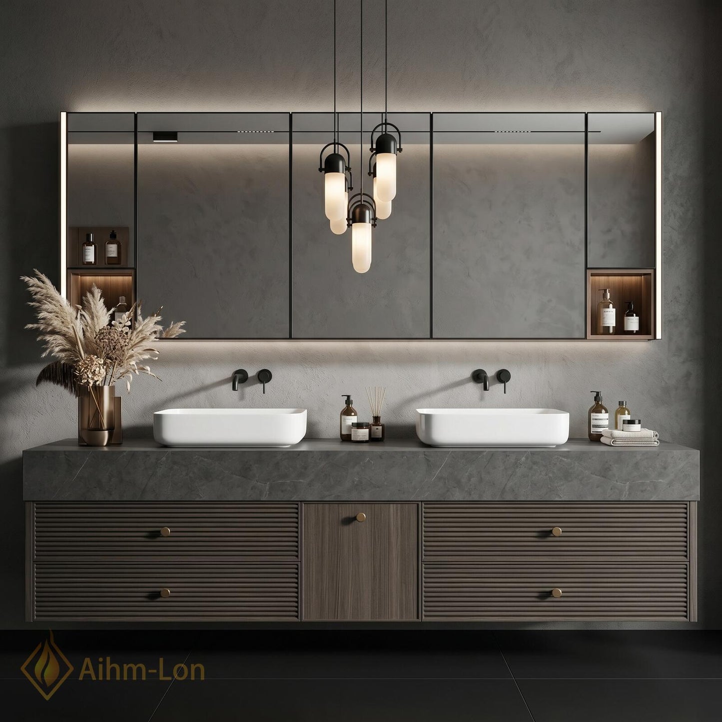 60''-96'' Double Bathroom Vanity with Sink Modern Floating Basins Dual Vessel Slat