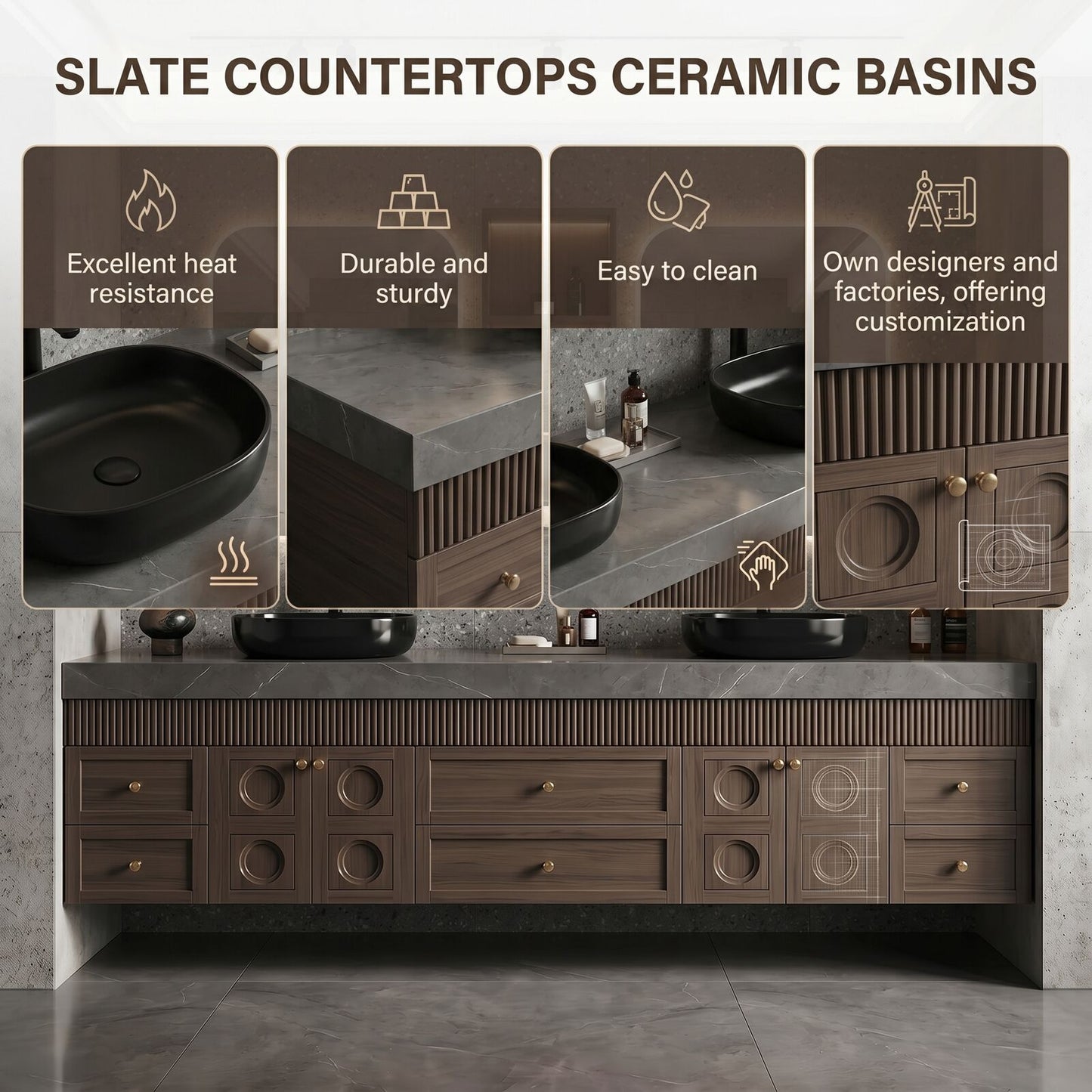 70''-96'' Modern Bathroom Vanity with Sink Ridge-Panel Dark Wood Grain Spacious Cabinet