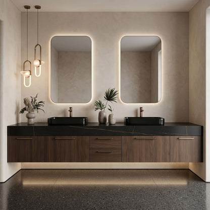 70''-96'' Double Bathroom Vanity with Sink Floating Wall-Mounted Dark Wood Grain Cabinet