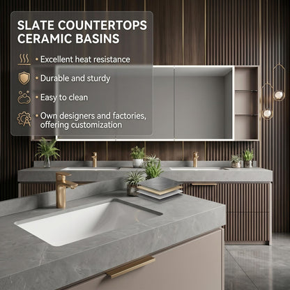 60''-96'' Modern Bathroom Vanity with Sink Double Sink Slatted Front Panels Mirror Cabinet