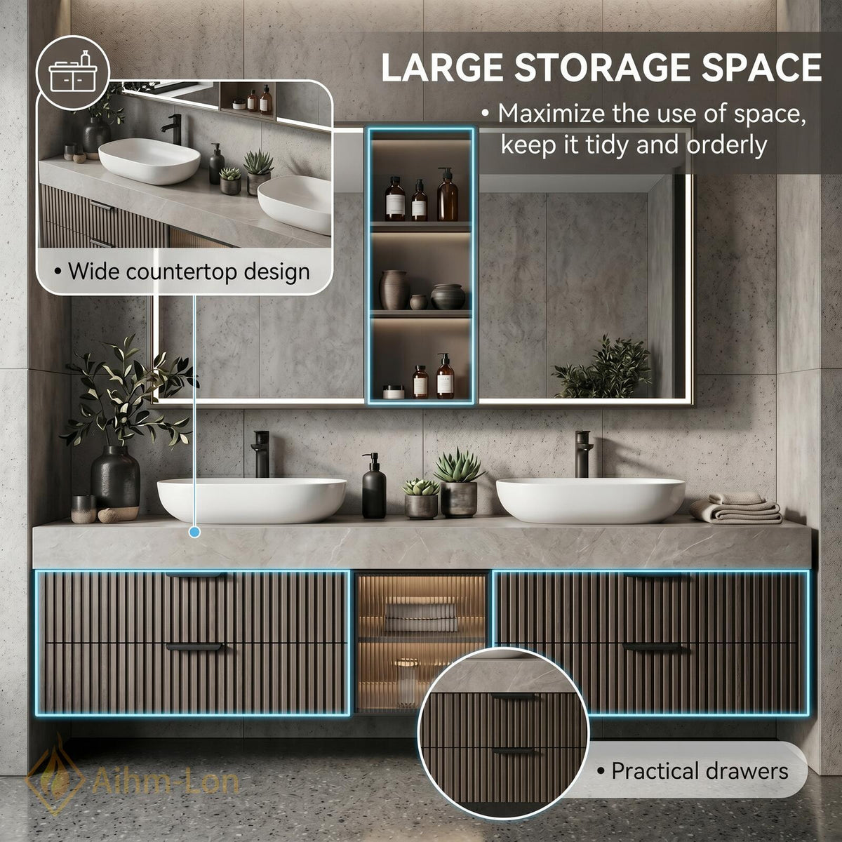 60''-96'' Double Bathroom Vanity with Sink Slatted Panels Glass Center Door Open