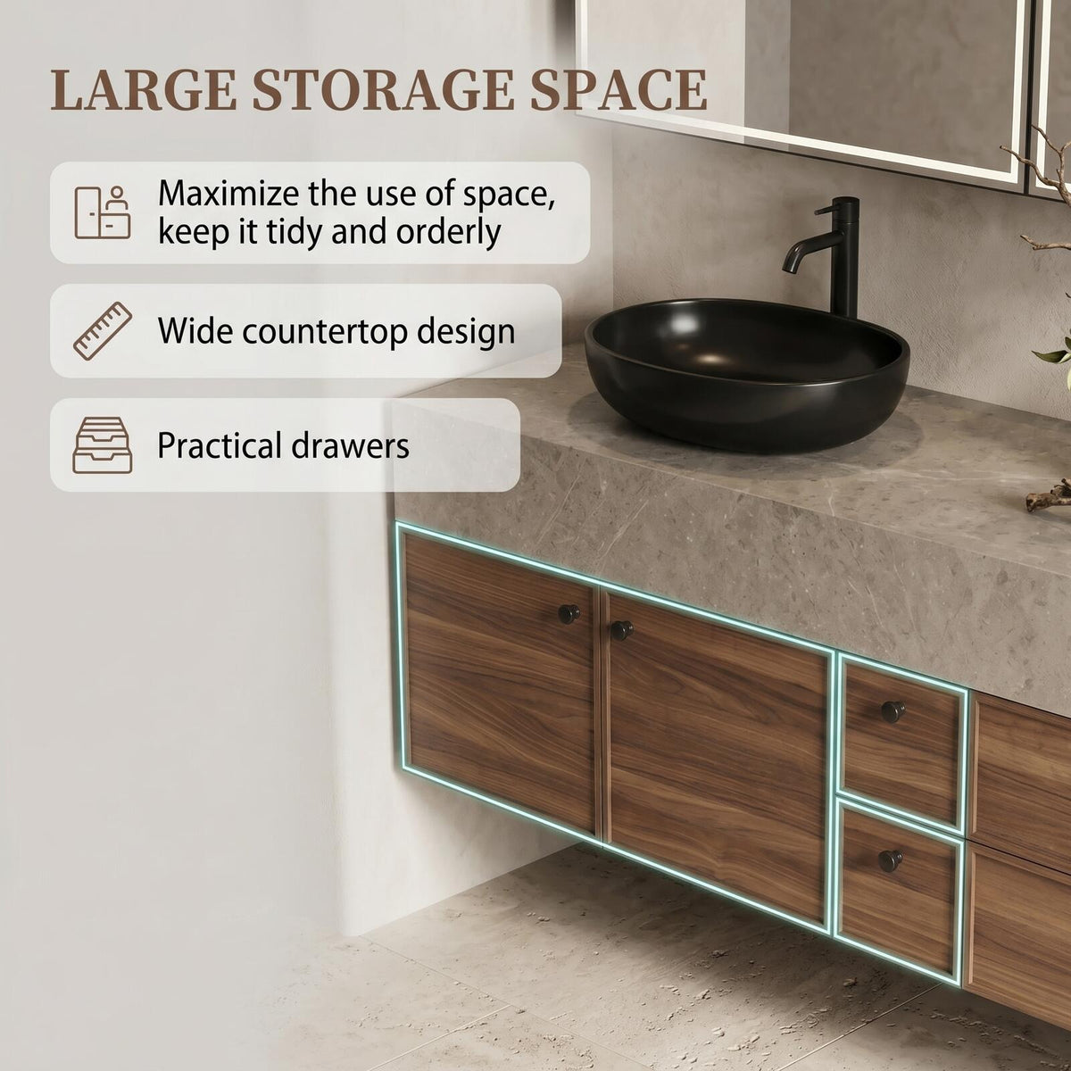60''-96'' Double Bathroom Vanity with Sink Modern Floating Warm Wood Grain Spacious Storage