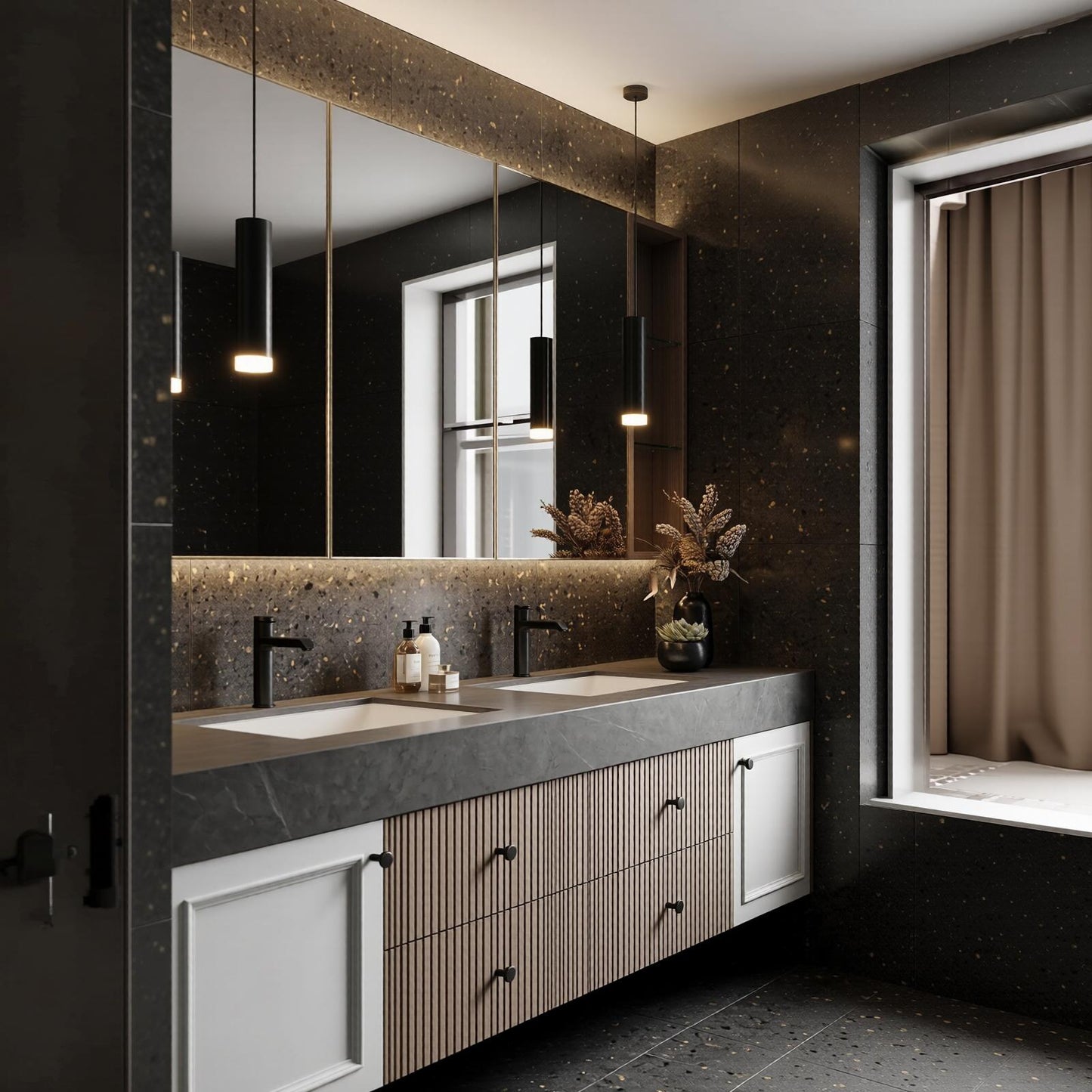 70''-96'' Modern Bathroom Vanity with Sink Double Sink Slatted Center Panel Dark Grey Stone