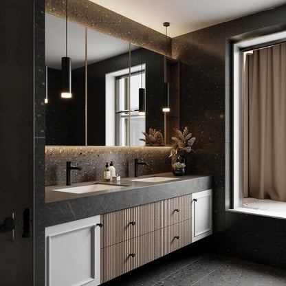 70''-96'' Modern Bathroom Vanity with Sink Double Sink Slatted Center Panel Dark Grey Stone