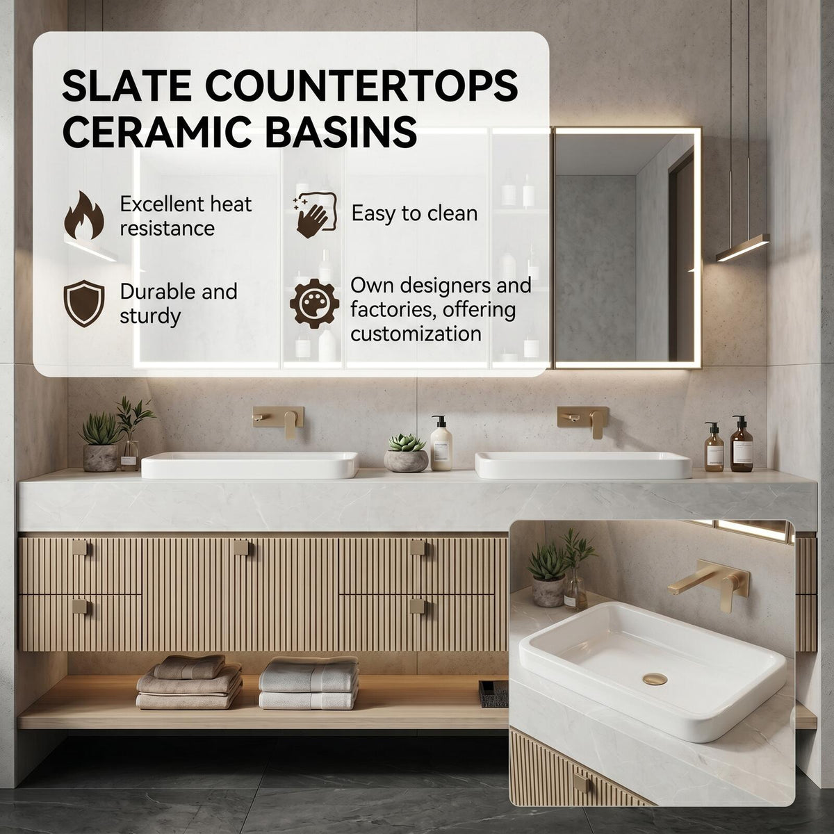 60''-96'' Double Bathroom Vanity with Sink Modern Floating Slatted Front Panels Open Shelf