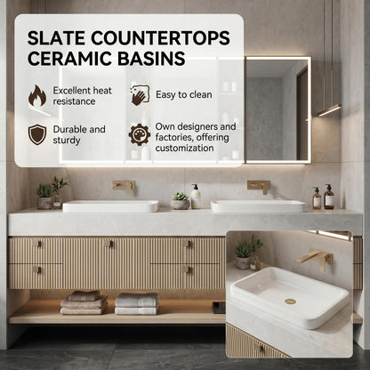 60''-96'' Double Bathroom Vanity with Sink Modern Floating Slatted Front Panels Open Shelf