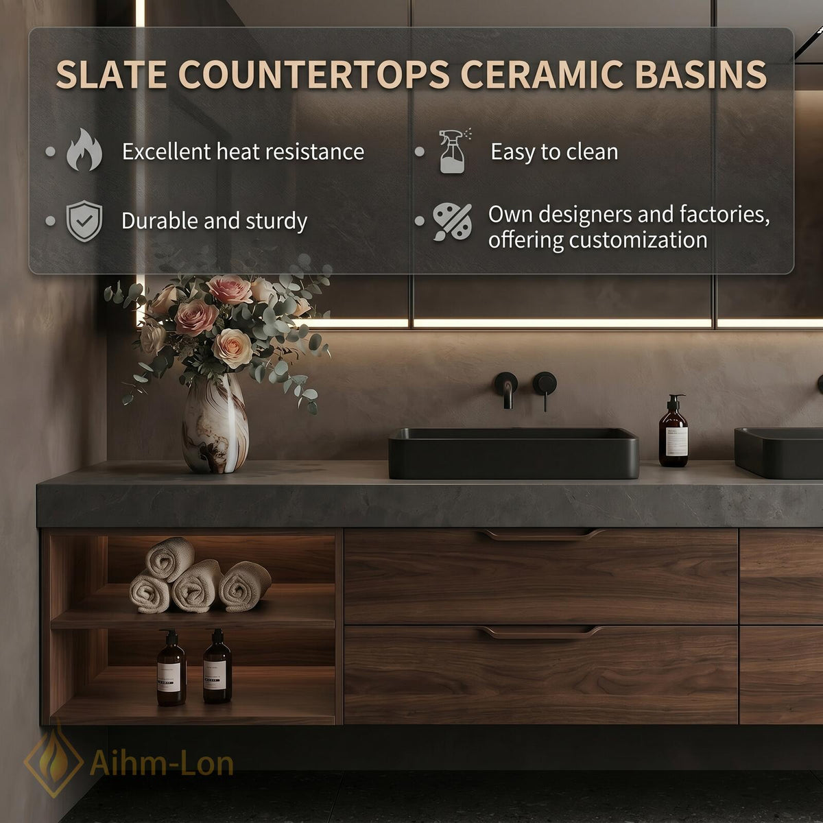 60''-96'' Double Bathroom Vanity with Sink Modern Floating Walnut Finish Slatted Panel