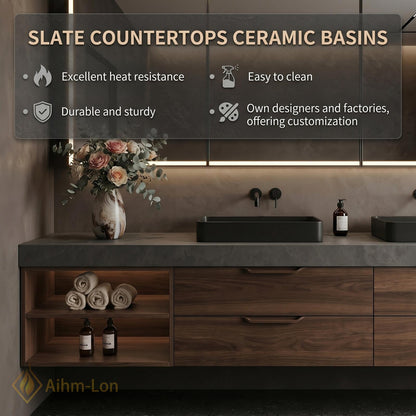 60''-96'' Double Bathroom Vanity with Sink Modern Floating Walnut Finish Slatted Panel