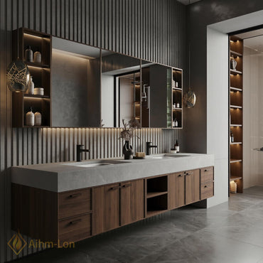 76''-96'' Double Bathroom Vanity with Sink Floating Double Wood Grain Panels Stone